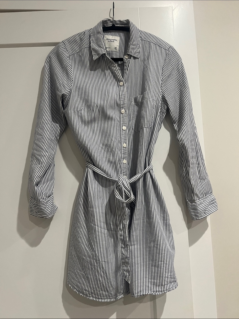Abercrombie & Fitch Navy and White Striped Tie-Waist Shirt Dress